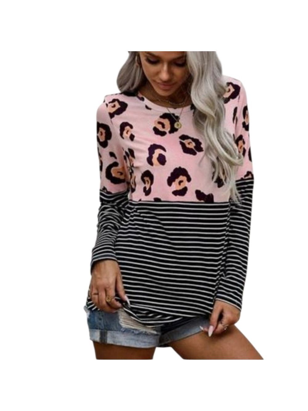 TRÏBE Pink & Black Animal Print Striped Long Sleeve Top Size Large NWT